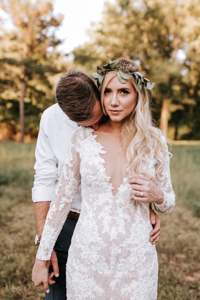 bride wearing leaf crown 