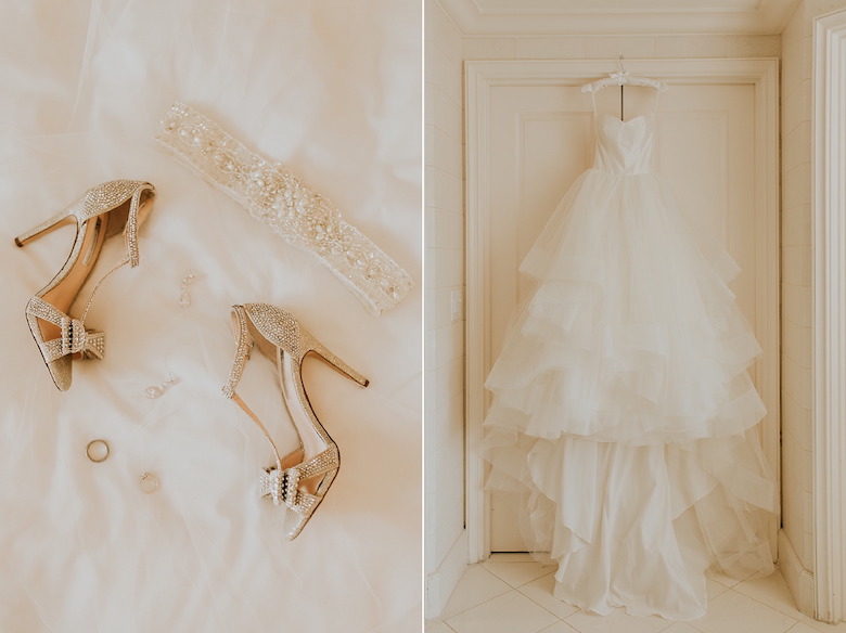 white wedding dress gold heels