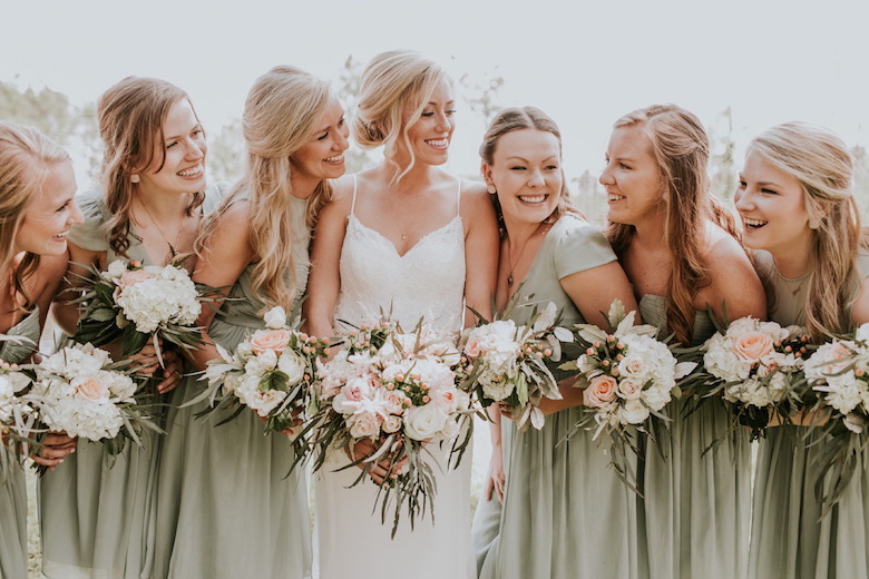 bride and bridesmaids sage