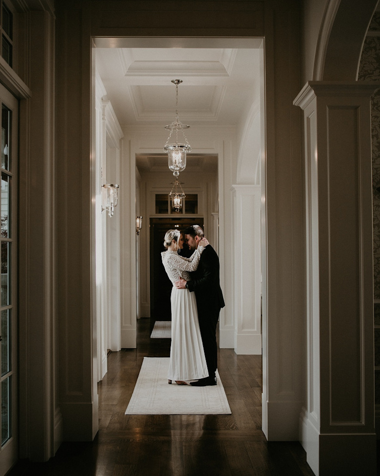 hallway photoshoot bride and groom