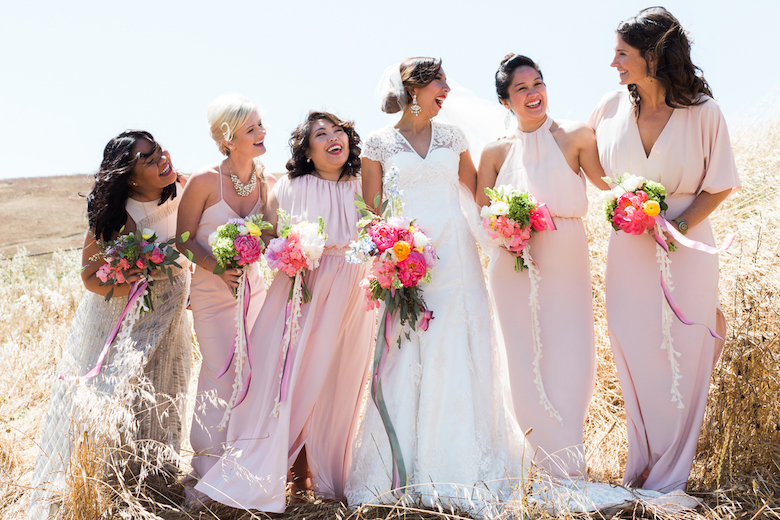 Bridesmaids in pink with bride