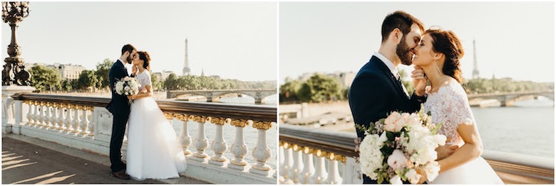 smiling bride and groom hug and kiss on a bridge, daytime