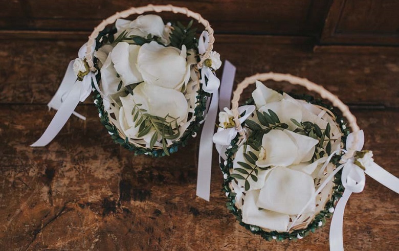 white roses flower petal basket centerpiece for vintage weddings