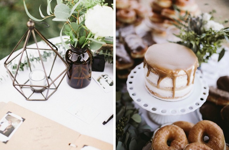 minimalist wedding food station table with a caramel cake