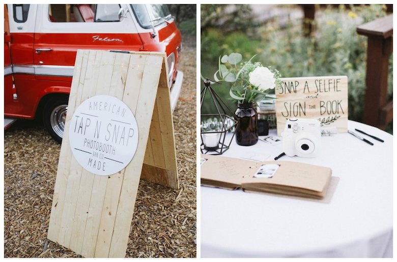 Photobooth signage directing wedding guests to take pictures and sign the guestbook