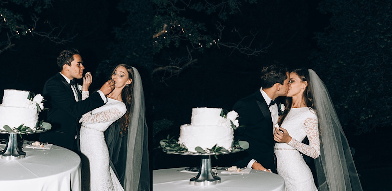 side-by-side images of bride and groom feeding each other cake and then kissing