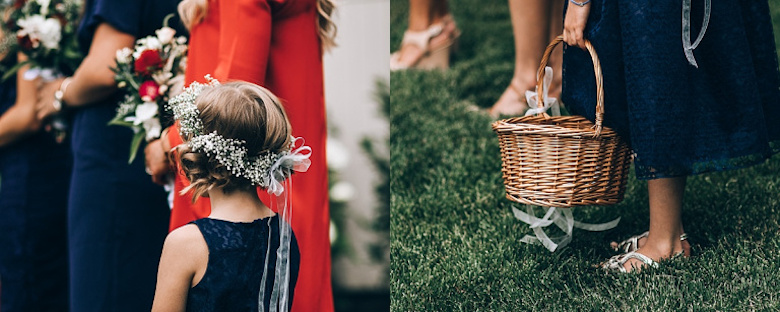 flower girl wearing baby's breath hairband at wedding
