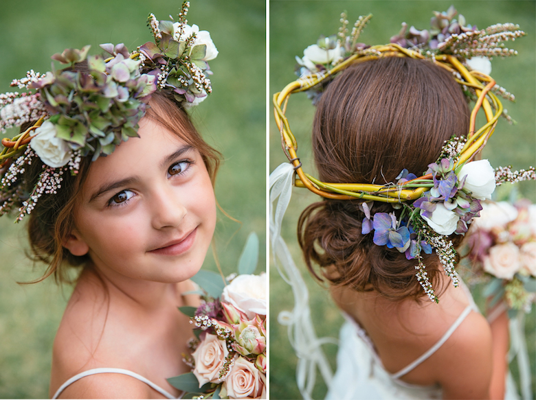 flower girl wearing a willow and floral halo crown at wedding