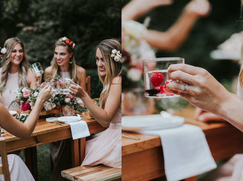 split photo, bridesmaids enjoy a vodka raspberry cocktail at a picnic table outside