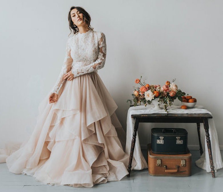 blush pink organza lace wedding dress