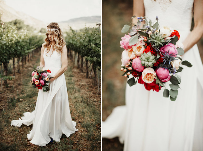 bride in a vineyard carrying a fresh spring flowers bouquet