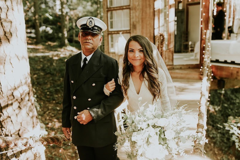 the bride and her father, who is dressed in military attire, outdoor wedding