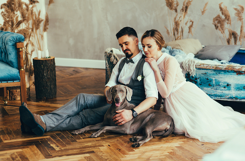 bride and groom sitting on ground with brown dog