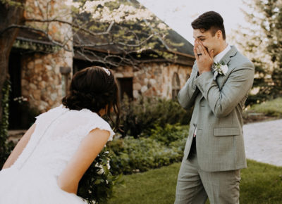 groom surprised at seeing bride for the first time wedding