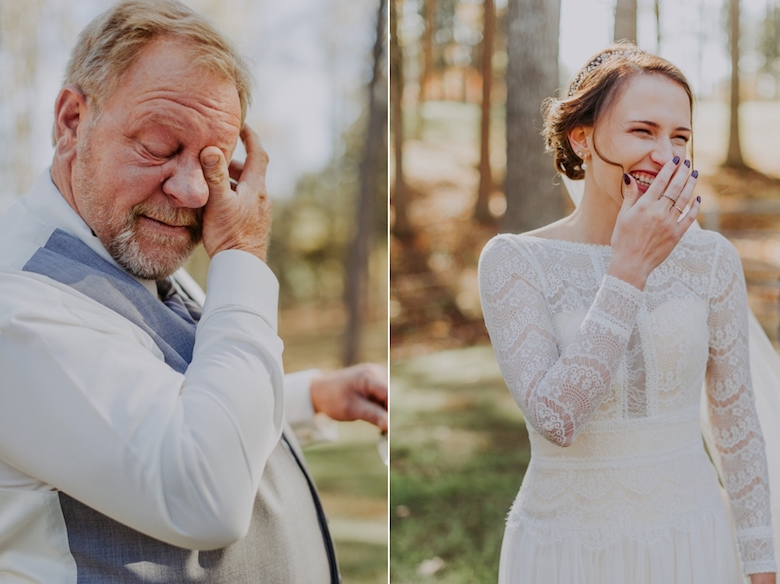 father of bride crying as he sees her daughter in wedding dress