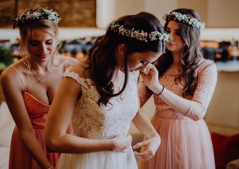 bridesmaids wearing flower crowns