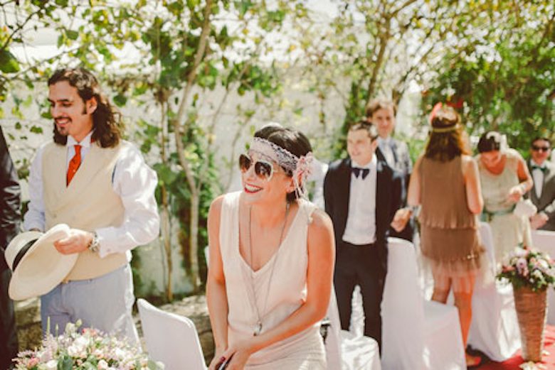 hip outdoor wedding guests laughing