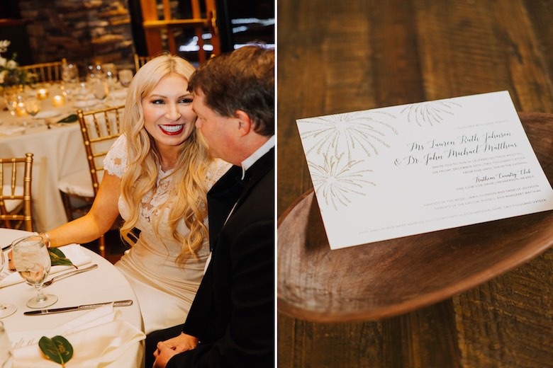 bride and father of the bride sitting down at wedding dinner table side by side with a thank you note