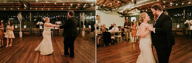 newlywed couple sharing their first dance as guests watch