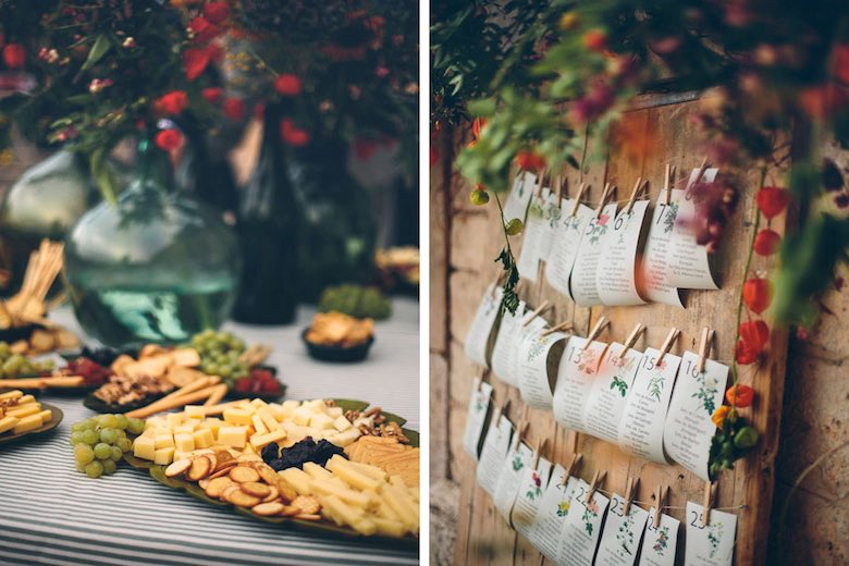cheese plate and wedding seating chart corkboard