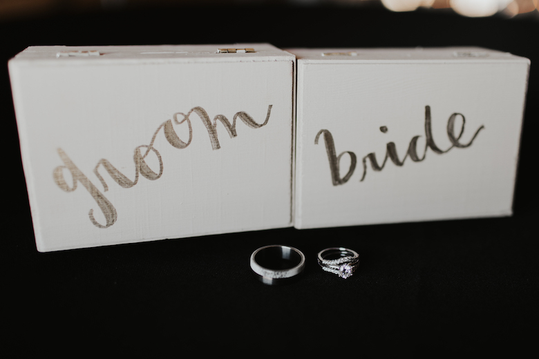 groom and bride boxes with the rings, white boxes black background