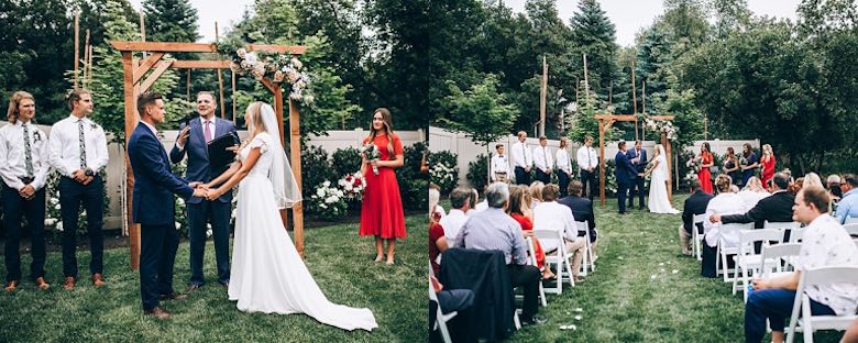 split screen of the bride and groom holding hands while officiant conducts the wedding ceremony