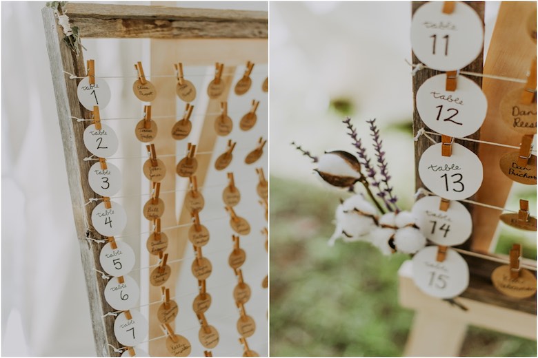 wedding seating arrangement with rustic clothes pin decoration