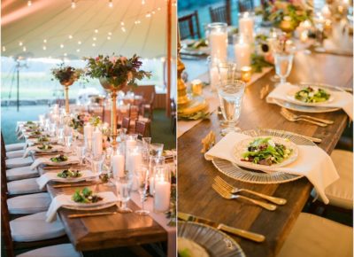 Indoor wedding venue table settings, nice cutlery and wooden tables placed all around