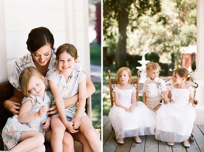 bridesmaids and ring bearer dressed up for a wedding rehearsal dinner